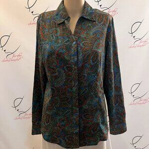 Milena Nicole. S9ze Medium. Blue Green Long Sleeve Paisley Shirt. B16